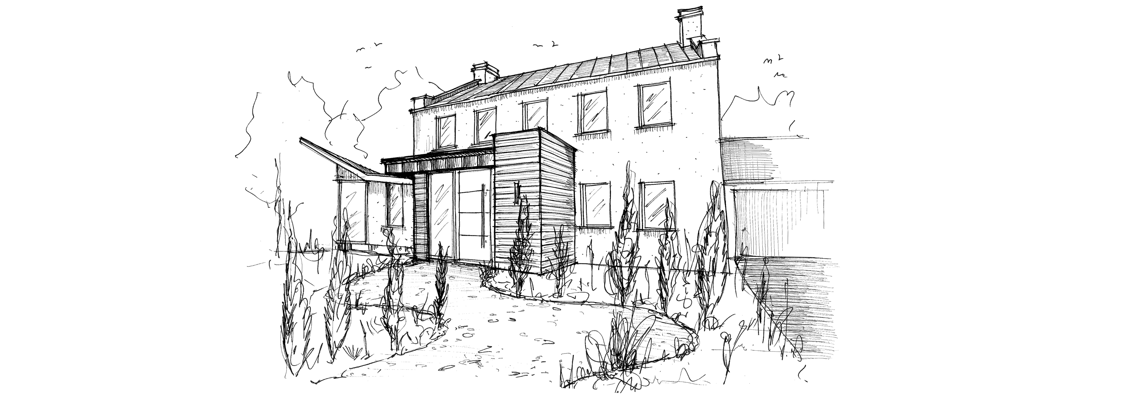 Pencil sketch of modernised home with pitched roof extension, large windows, and landscaping, blending traditional and modern
