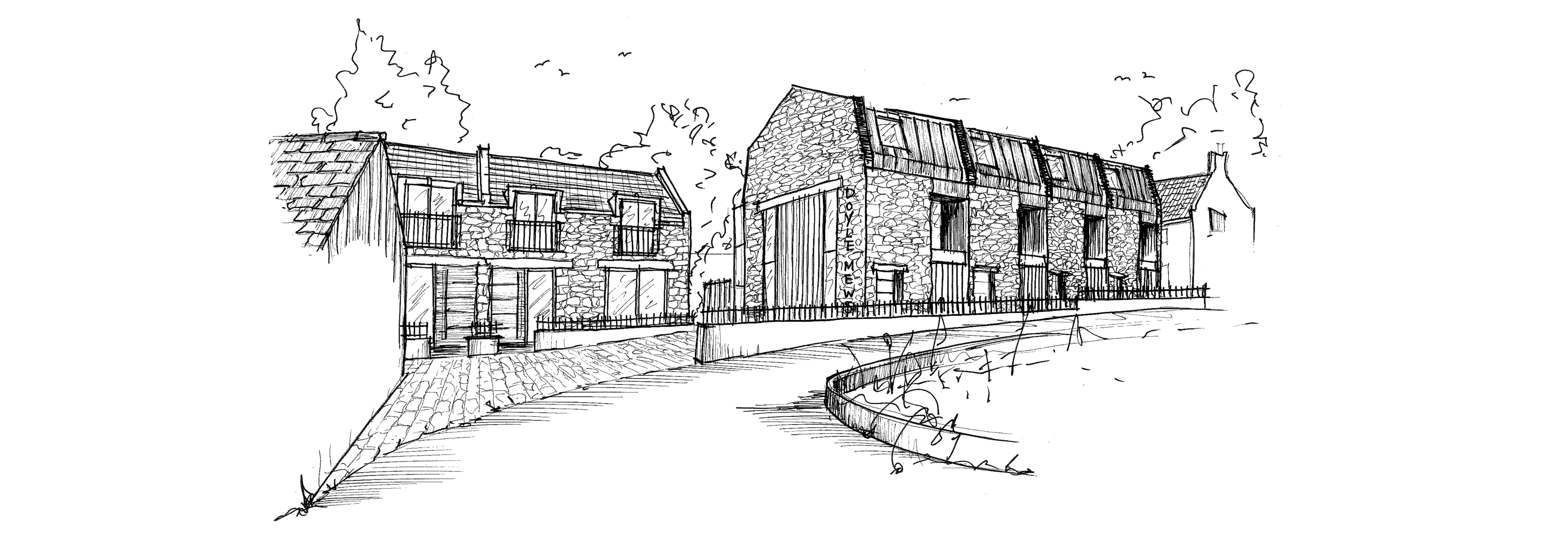 Hand-drawn architectural sketch depicting a mews-style residential development with stone-clad buildings and pitched roofs.