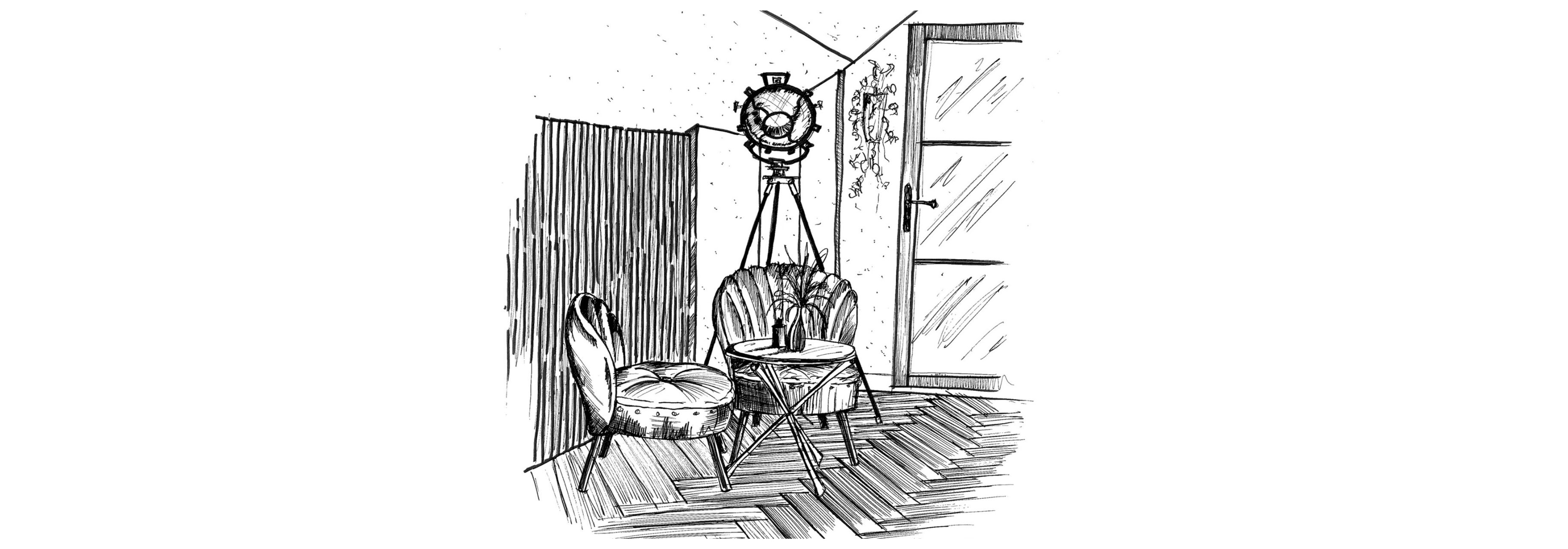 Pencil sketch of lounge with plush seating, round coffee table, and industrial spotlight, blending comfort with character