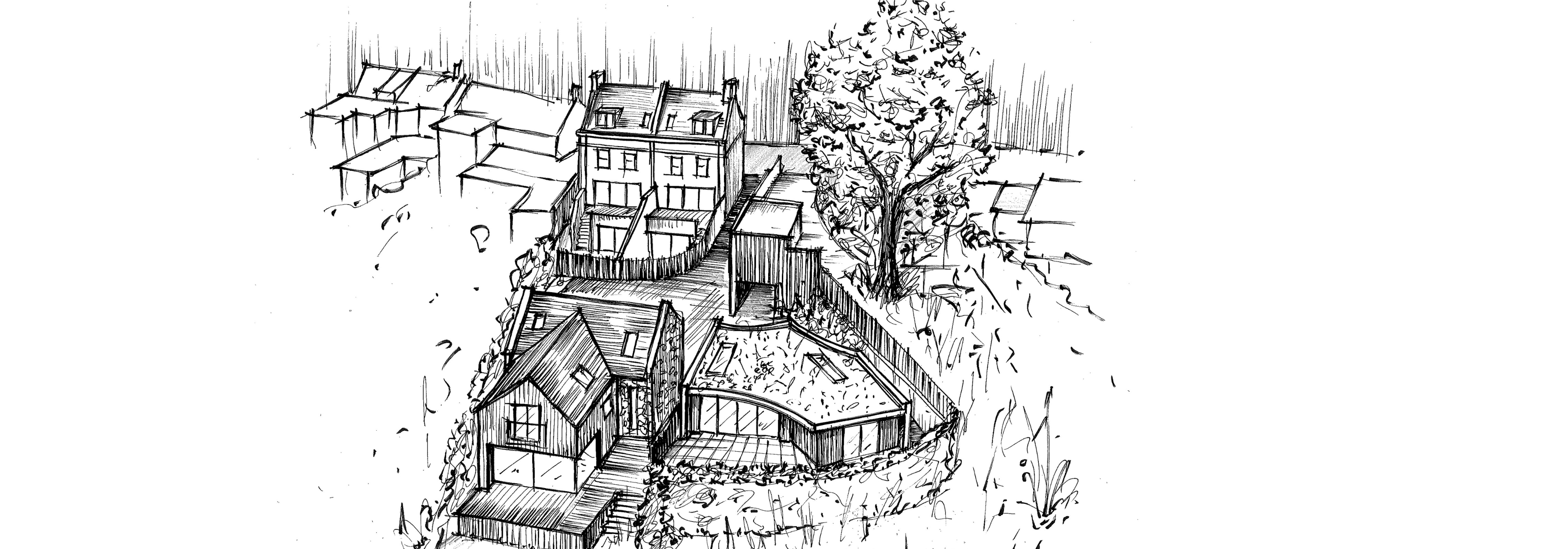 Aerial sketch of modern homes with pitched roofs, green roof design, terraces, and landscaped gardens within a courtyard
