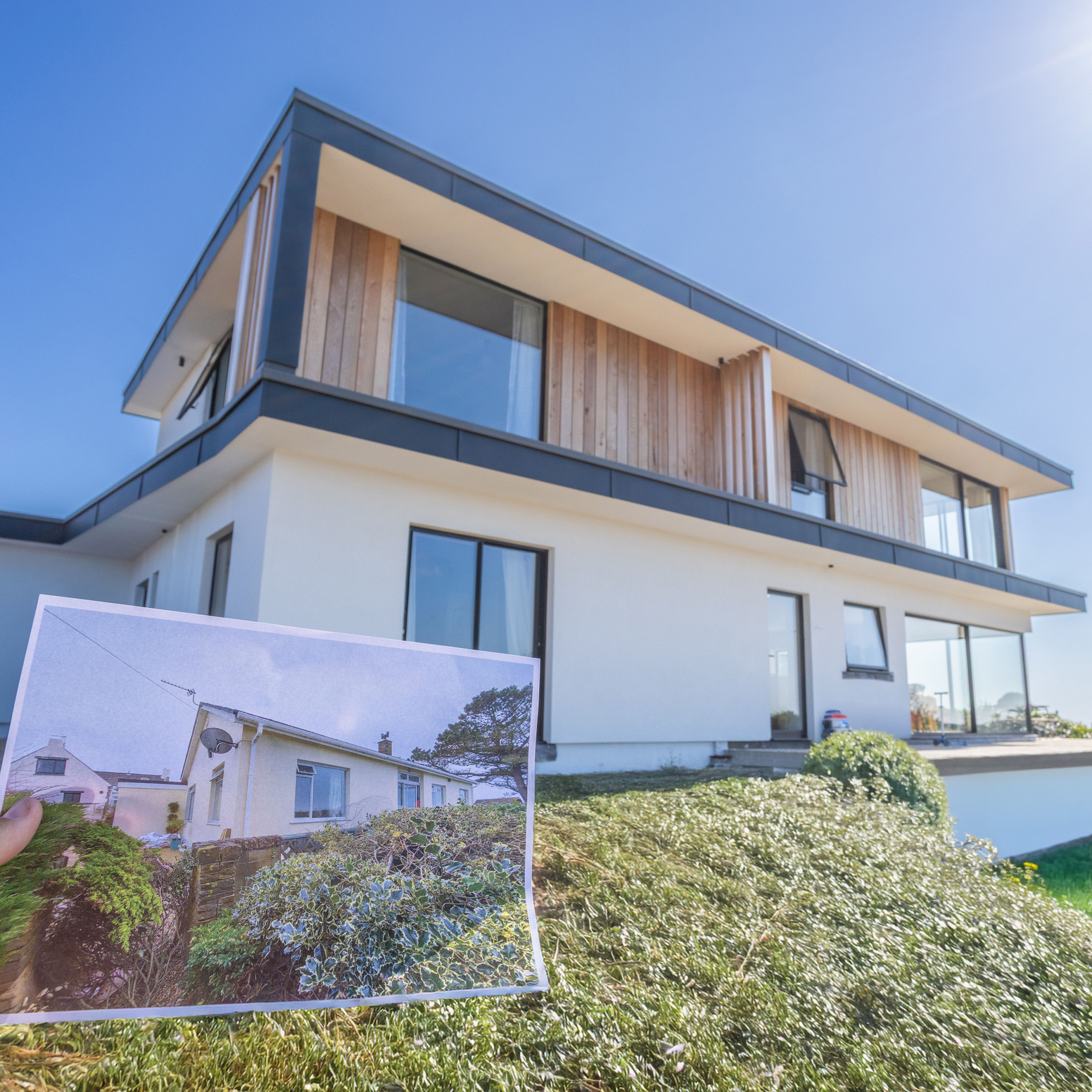 Modern two-story house with wood accents, shown with an old photo of its previous single-story design.