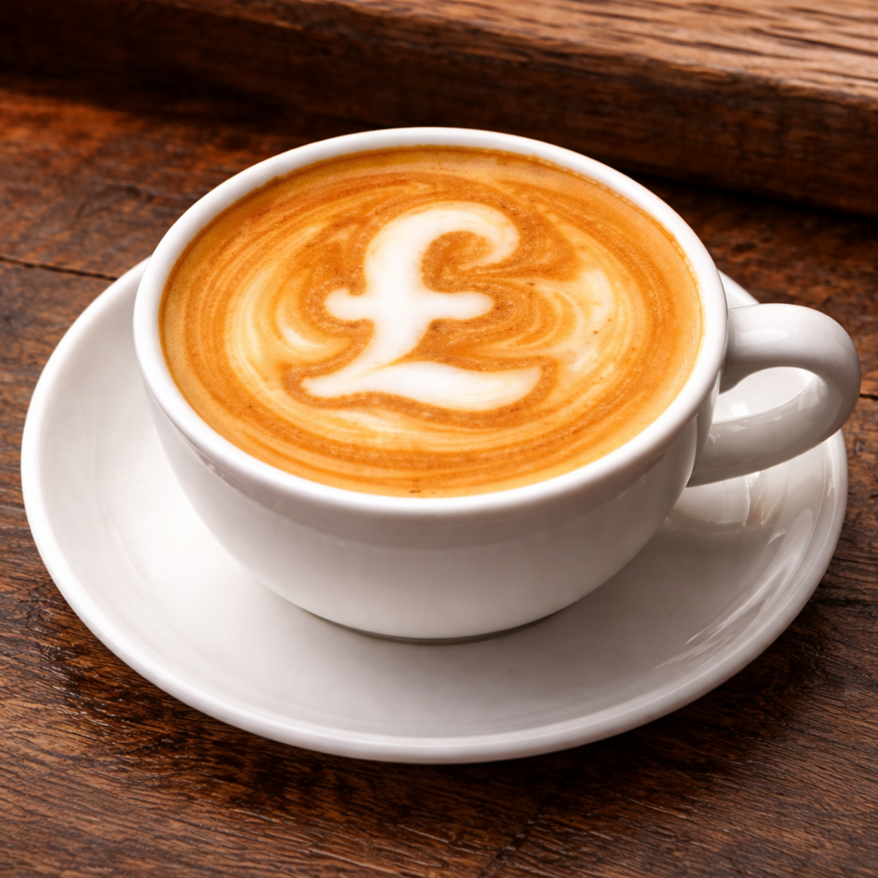 A white cup and saucer on a wooden table containing frothy coffee with the impression of a pound sign on top