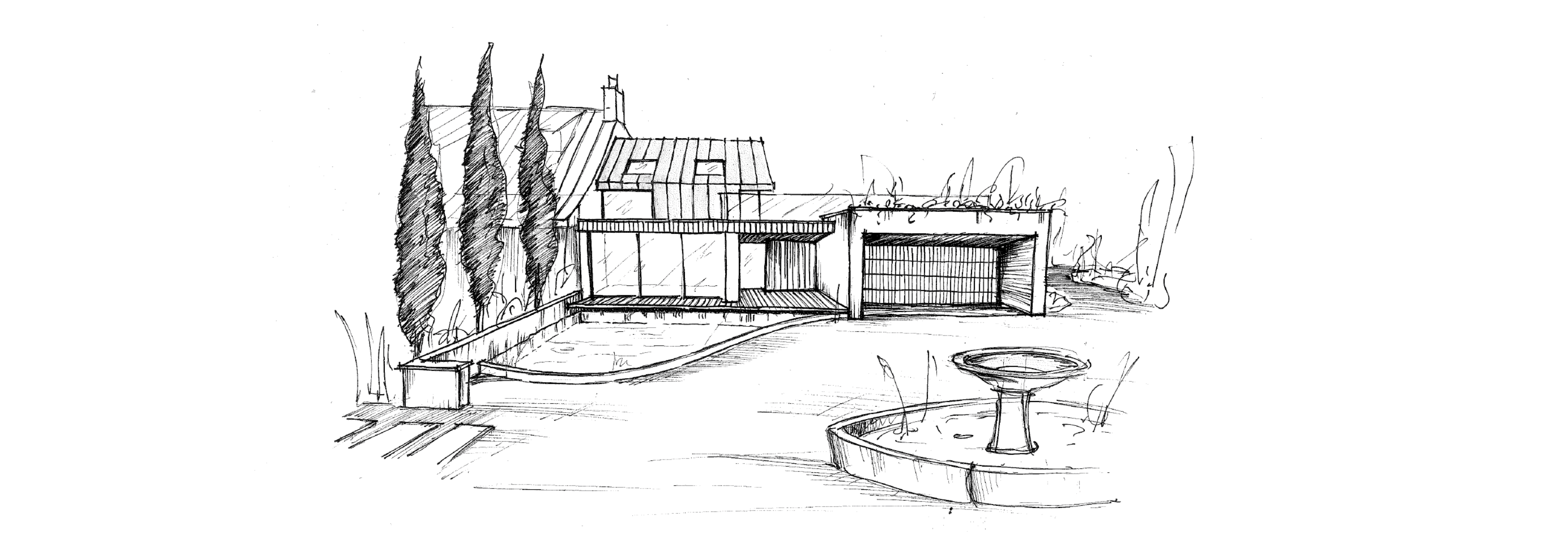 Architectural line drawing showing a modern home extension, garden landscaping and outdoor pool.