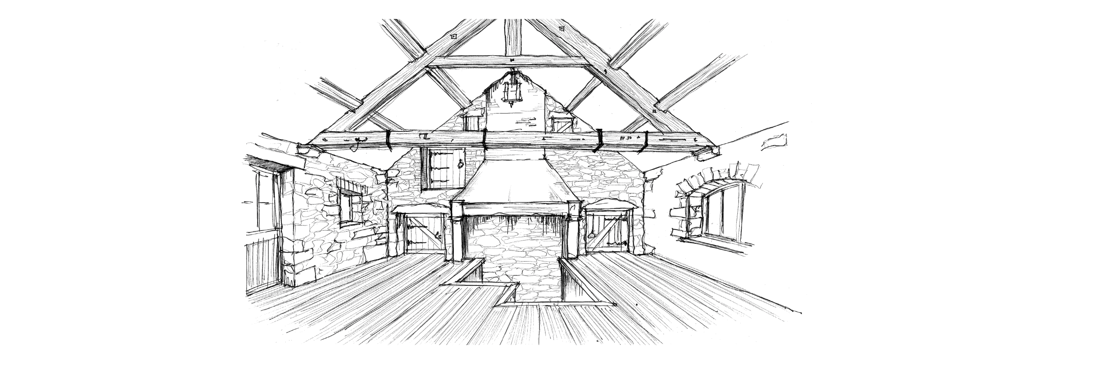 Hand-drawn sketch of a rustic loft with stone walls, timber beams, central staircase, and vaulted ceiling.