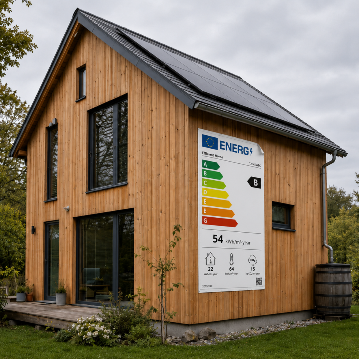 Miniature house model sitting on architectural plans, with a colourful home energy efficiency rating chart underneath