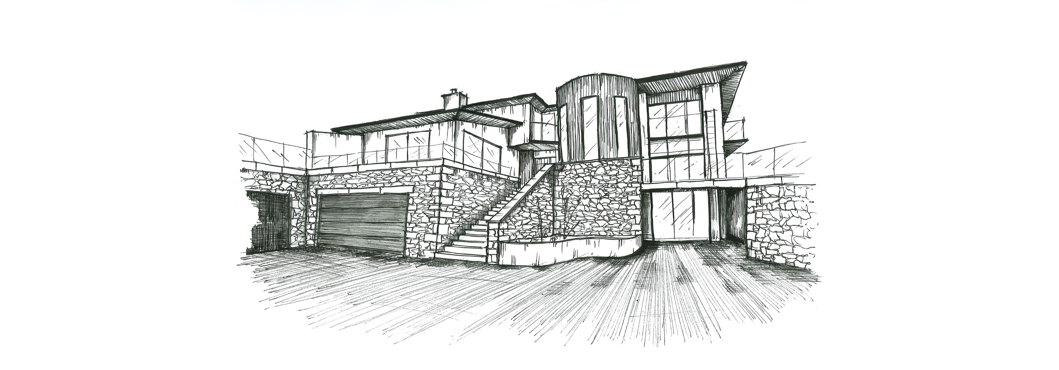 Architectural sketch of a modern multi-level home with stone walls, terraces, stairs, and large windows.