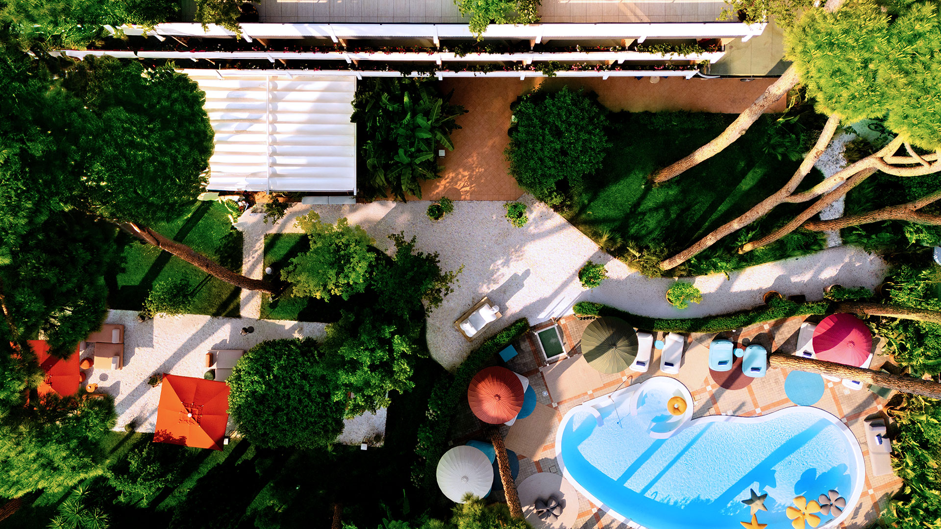 Aerial view of the hotel showcasing its architecture and surrounding landscape.