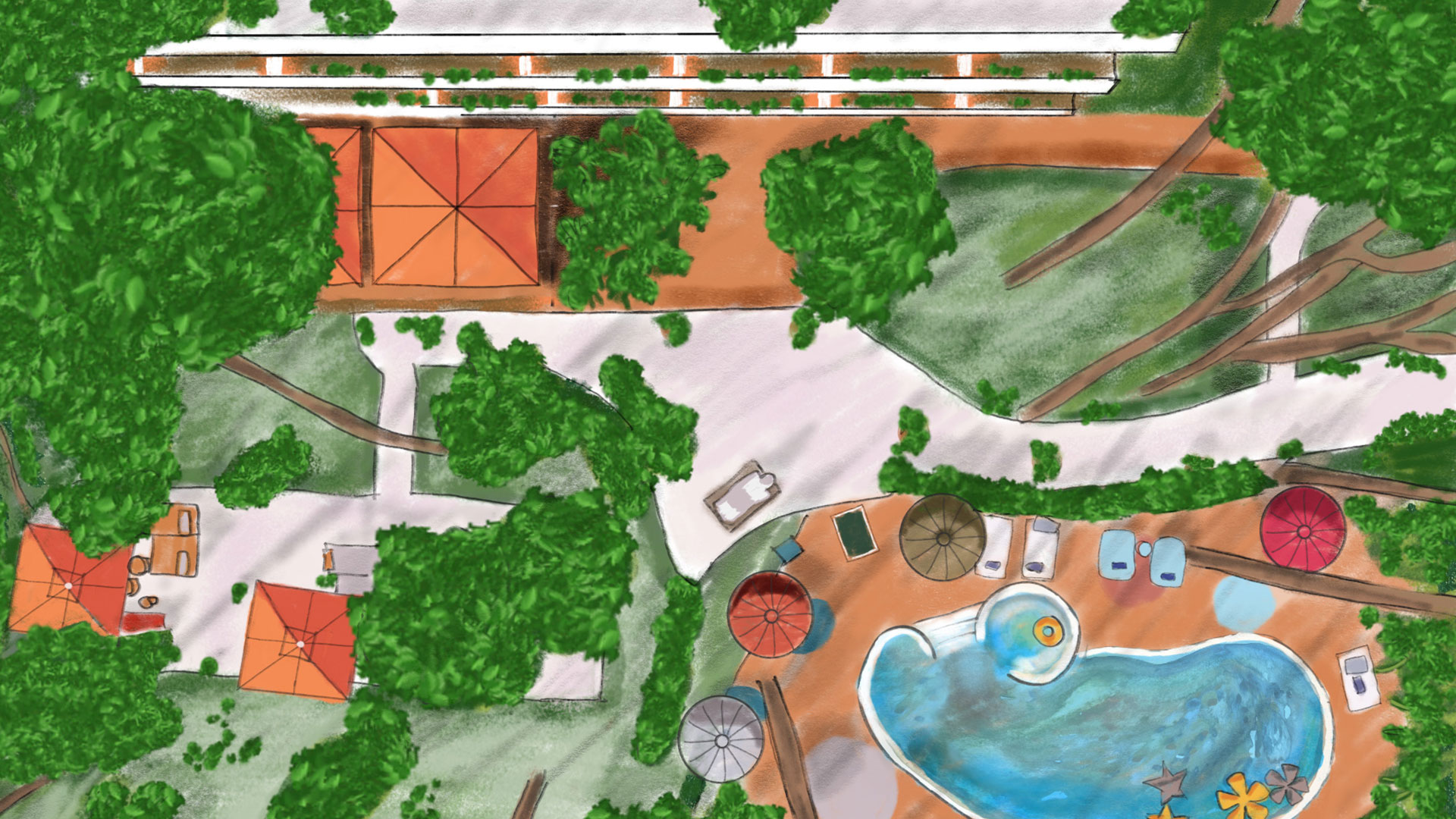 Aerial view of the hotel showcasing its architecture and surrounding landscape.