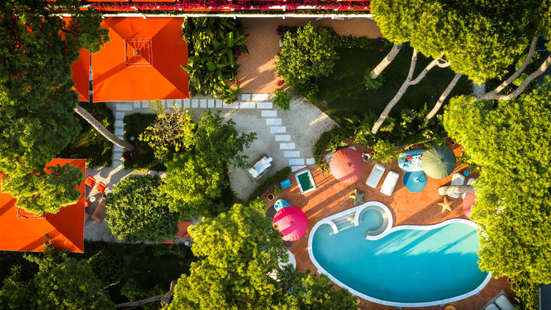 Aerial view of the hotel showcasing its architecture and surrounding landscape.