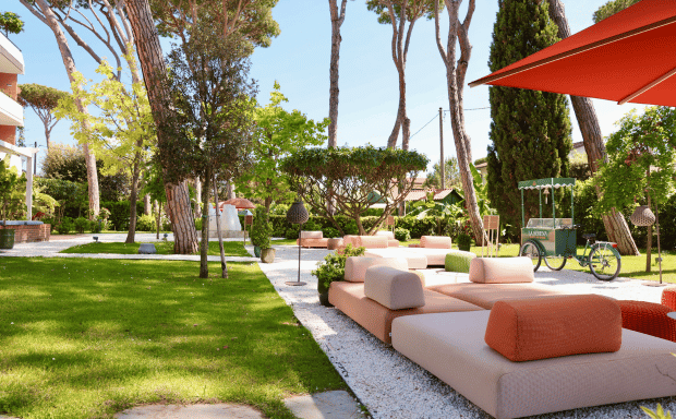 Front view of the luxury terrace at Hotel La Serena in Italy.