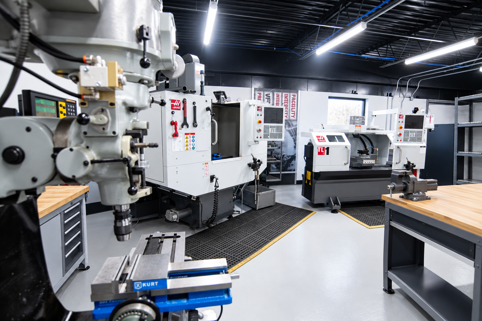 Parts Life Inc Modern machine shop with CNC milling machines, a drill press in the foreground, workbenches with wooden tops, and tools arranged on machines and walls under bright fluorescent lighting.
