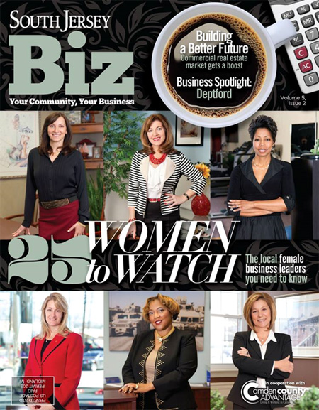 Cover of South Jersey Biz magazine featuring the '25 Women to Watch' issue. The cover showcases six women in professional attire, with text highlighting local female business leaders. Sheila Harris-Adams, honored as one of the 25 Women to Watch, is in the middle of the bottom row. The magazine also features a business spotlight on Deptford and an article on building a better future in commercial real estate