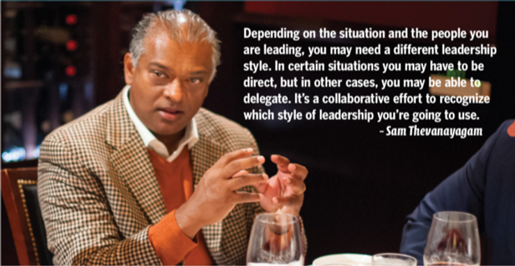 Sam Thevanayagam seated at a table, gesturing while speaking. A quote about leadership attributed to him is overlaid on the image.