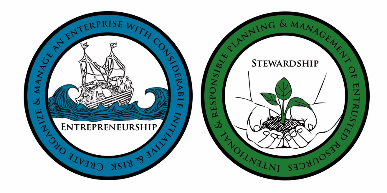 Two circular emblems: one for 'Entrepreneurship' with a ship on waves, and one for 'Stewardship' with hands holding a growing plant.