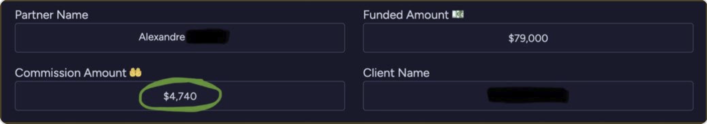 Alexandre's deal record — $4,740 commission on a $79,000 funded amount
