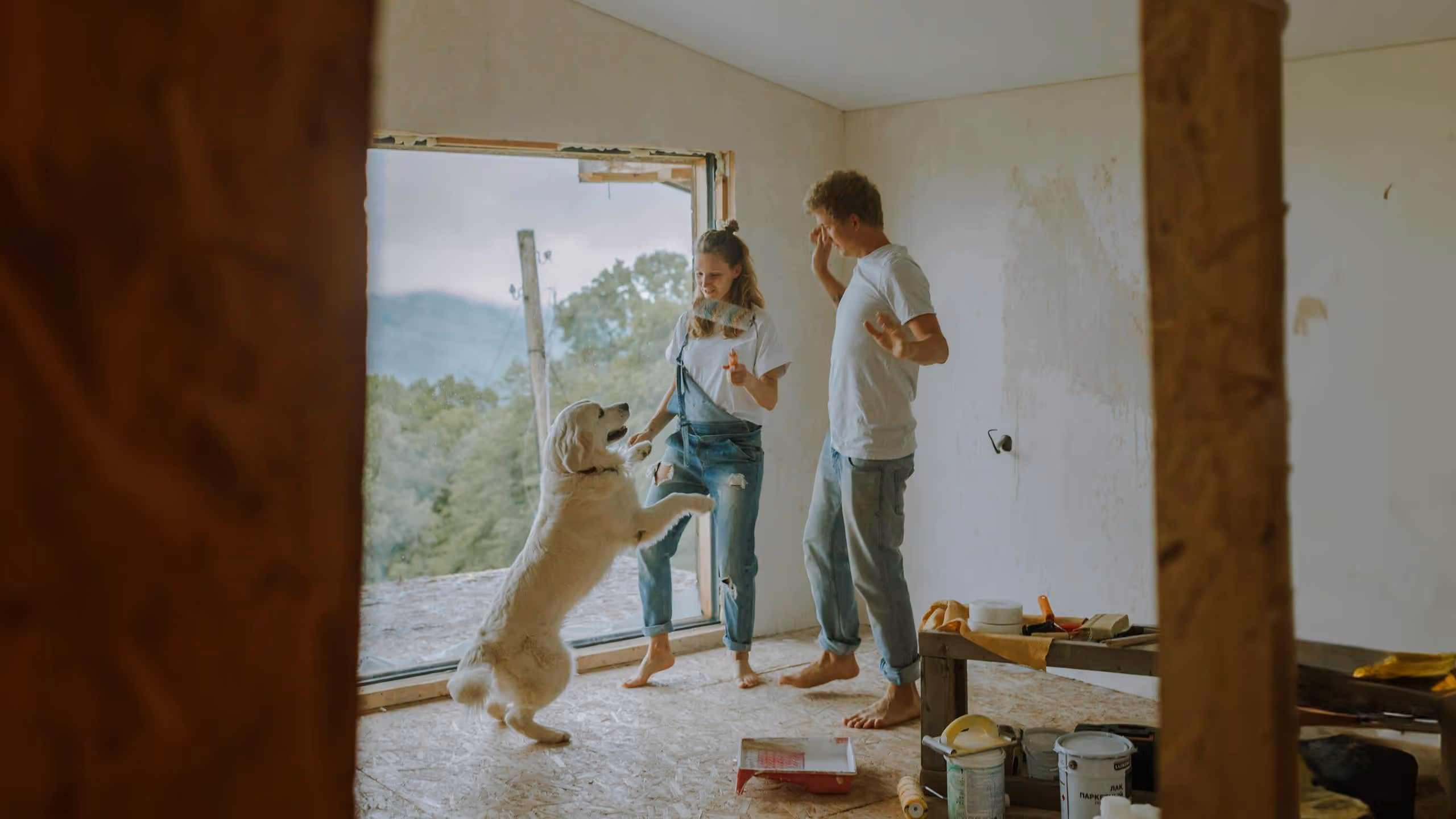 A couple and their dog enjoy painting their house together