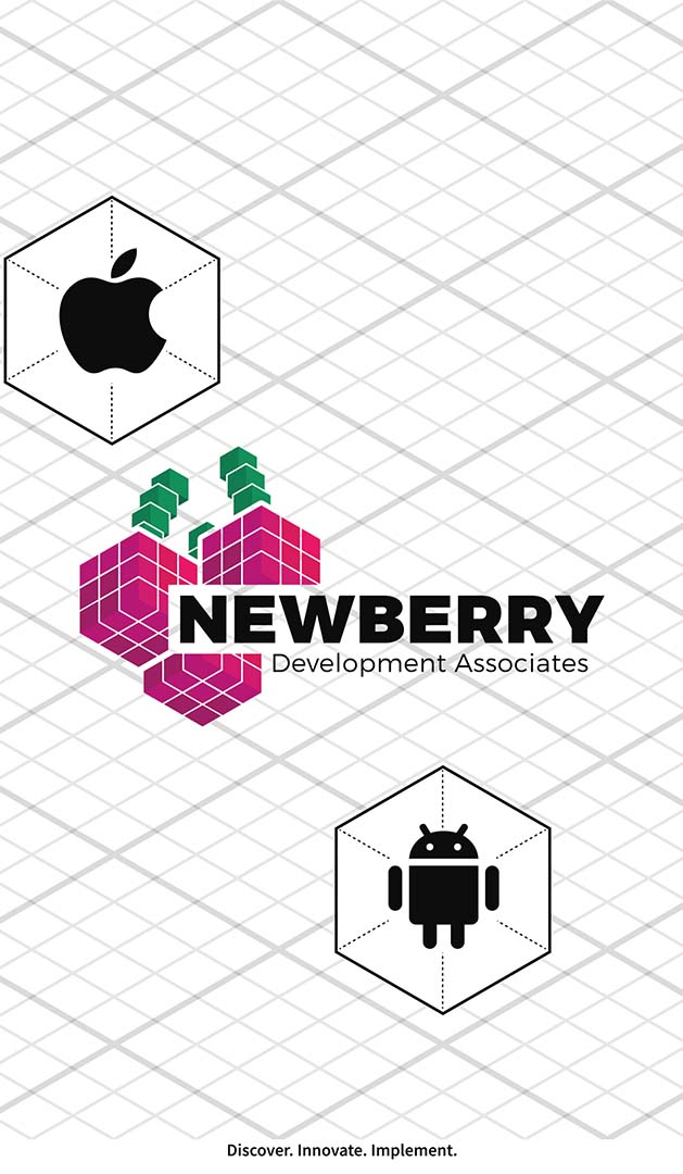 Newberry Development Associates logo featuring a stylized raspberry made of pink and green cubes, centered between an Apple icon on the left and an Android icon on the right, all on a geometric grid background with the tagline ‘Discover. Innovate. Implement.’ at the bottom.