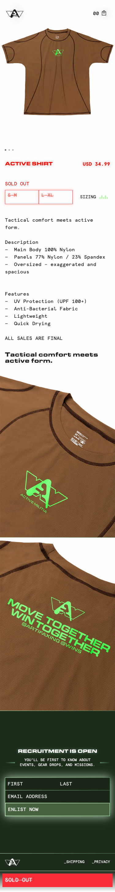 Product page for the Active Shirt, showing a brown tee with neon green logo on the front and back, listed at USD 34.99 but marked sold out. Page includes product description, sizing options, fabric details, and a recruitment sign-up form.