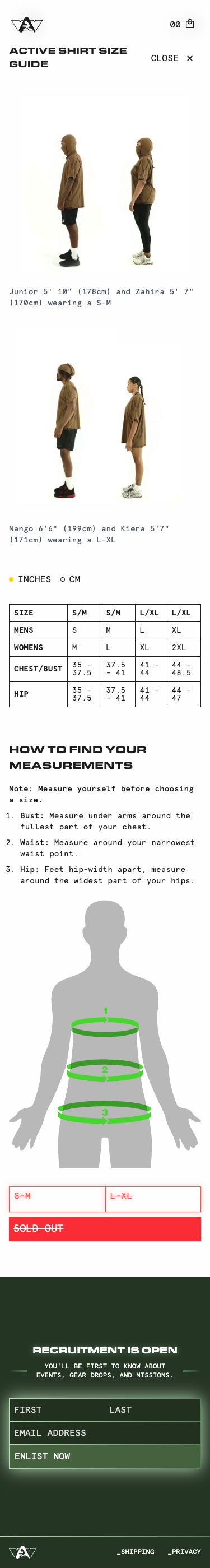 Size guide for the Active Shirt, featuring model photos in different fits, a detailed size chart in inches and centimeters, instructions on how to measure, and an enlistment form at the bottom.