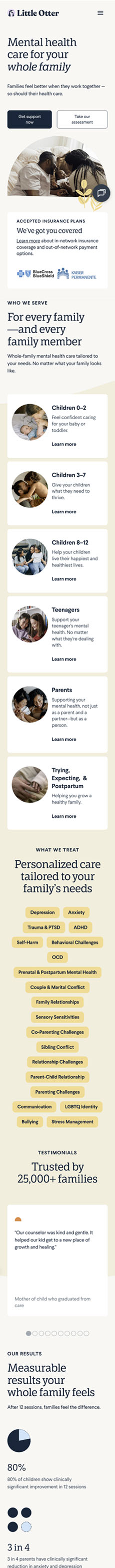 Homepage of Little Otter, a family mental health care service. The page highlights therapy for children, teens, and parents, accepted insurance plans, testimonials from families, and measurable results. Includes warm imagery of families bonding and clear navigation to learn more about tailored mental health care.