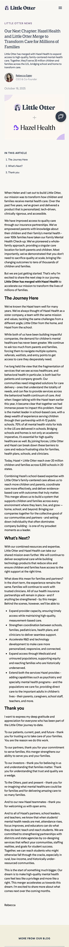 Little Otter news article announcing the merger between Little Otter and Hazel Health. The post, written by Rebecca Egger, describes their shared mission to expand accessible mental health support for families and schools nationwide. Includes both company logos and detailed text outlining future plans and gratitude to families and partners.