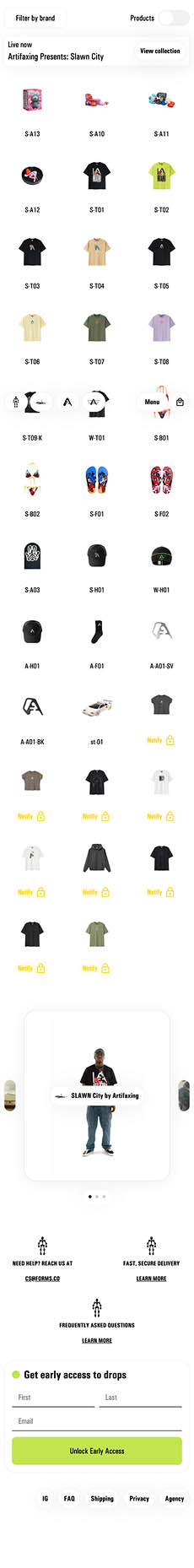 Multi-brand storefront view with a Filter by brand control, banner announcing “Artifaxing Presents: Slawn City,” a dense matrix of product tiles labeled with codes, a central hero slider, support links, and an email capture form.