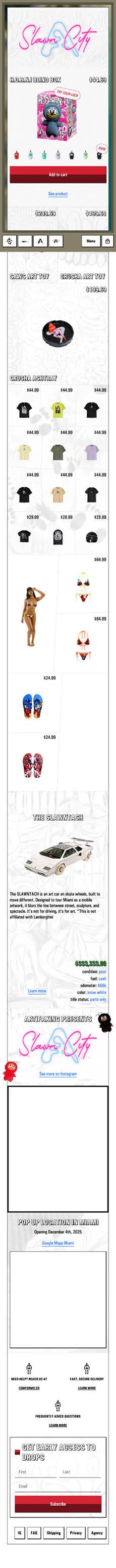 Slawn City product and collection page on a light background showing a collectible art toy hero with price and Add to cart button, followed by grids of tees, hats, slides, and swimwear, a car feature module, Instagram and newsletter blocks, and footer links.