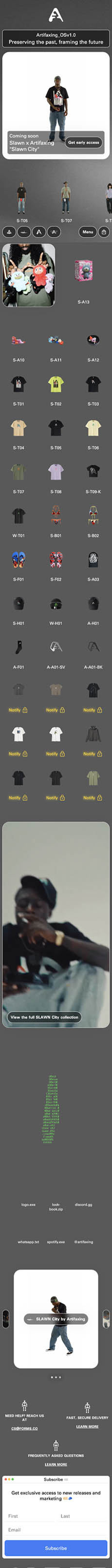 Mobile homepage for Artifaxing in a dark theme with a hero card featuring a model in a graphic tee, image carousel controls, a long grid of product thumbnails with prices, a full-bleed video, and a newsletter signup.