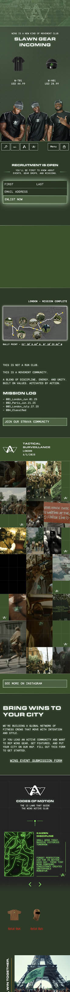 WINS brand landing page in military green with a headline on community, featured tee and helmet with prices, three models in gear, a recruitment email form, mission log section, Instagram mosaic, “Bring WINS to your city” callout, and a product carousel.