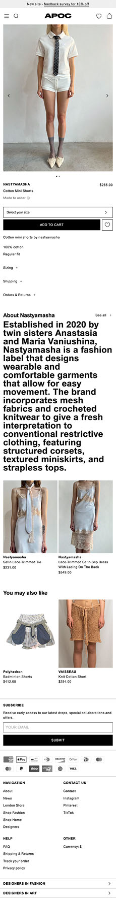 Mobile product page for NASTYAMASHA Cotton Mini Shorts with image carousel, size selector, sticky Add to Cart, details, and related items.