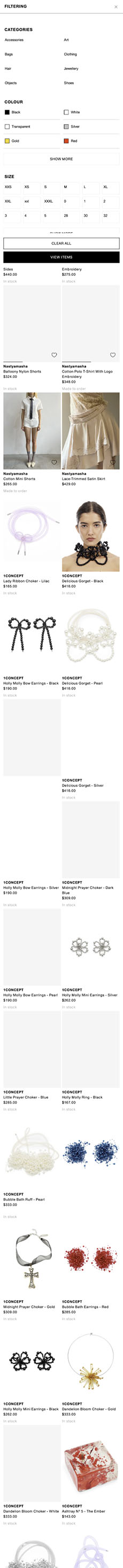 Mobile screenshot of collection filtering with faceted controls (category, color, size), clear/apply actions, and results grid.