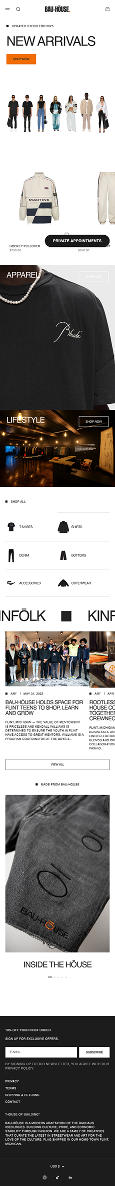 Mobile homepage with New Arrivals hero, category icons, lifestyle banners, blog tiles, and newsletter footer.