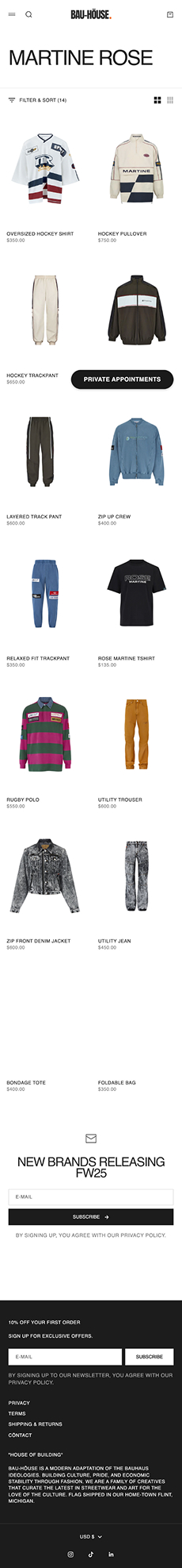 Mobile collection page for Martine Rose with filter and sort, grid toggle, product cards, and newsletter footer.