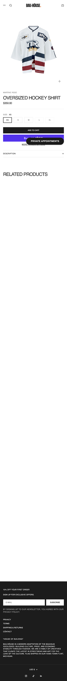 Mobile product page for Oversized Hockey Shirt with size selector, add to cart, appointments button, and details accordion.