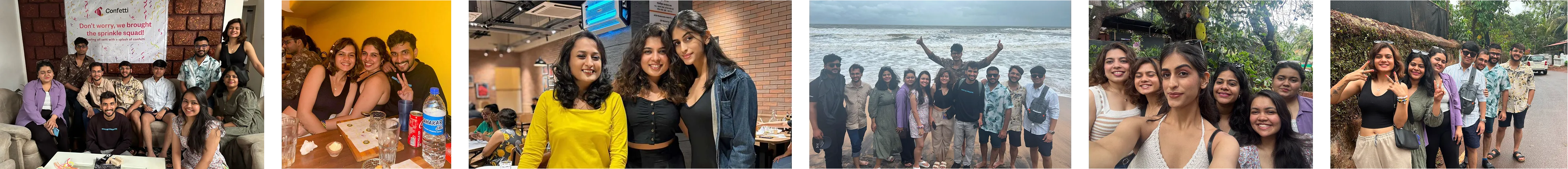 A variety of photos showing Confetti team bonding, including group selfies, offsite trips, and casual moments.