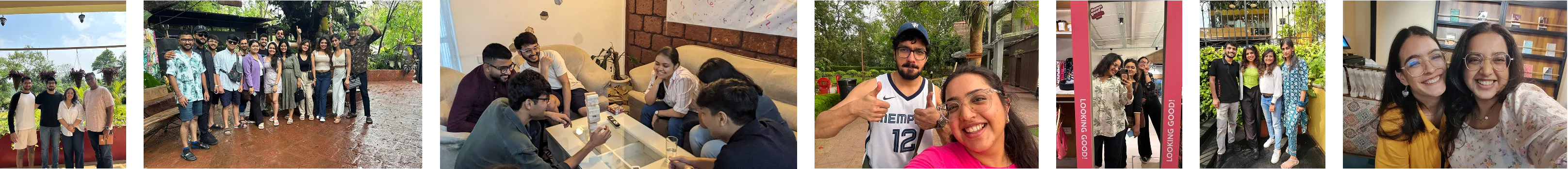 A visual timeline of Confetti team photos, including office collaboration and outdoor group shots.