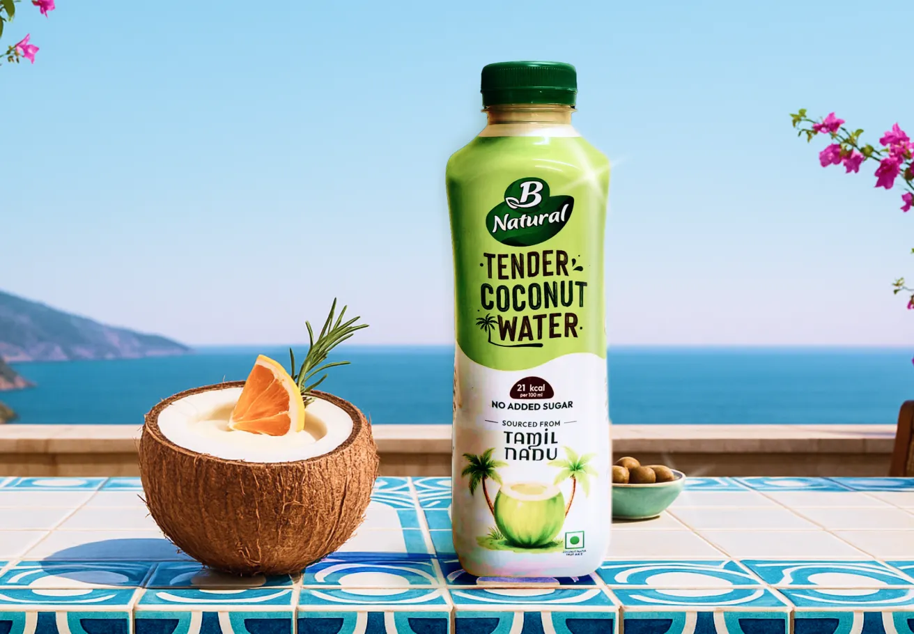 A light green bottle of B Natural Tender Coconut Water sits on a blue and white patterned tile table next to a half coconut shell filled with a drink and garnished with a grapefruit slice and rosemary. The background is a bright seaside landscape with a blue ocean and distant cliffs.