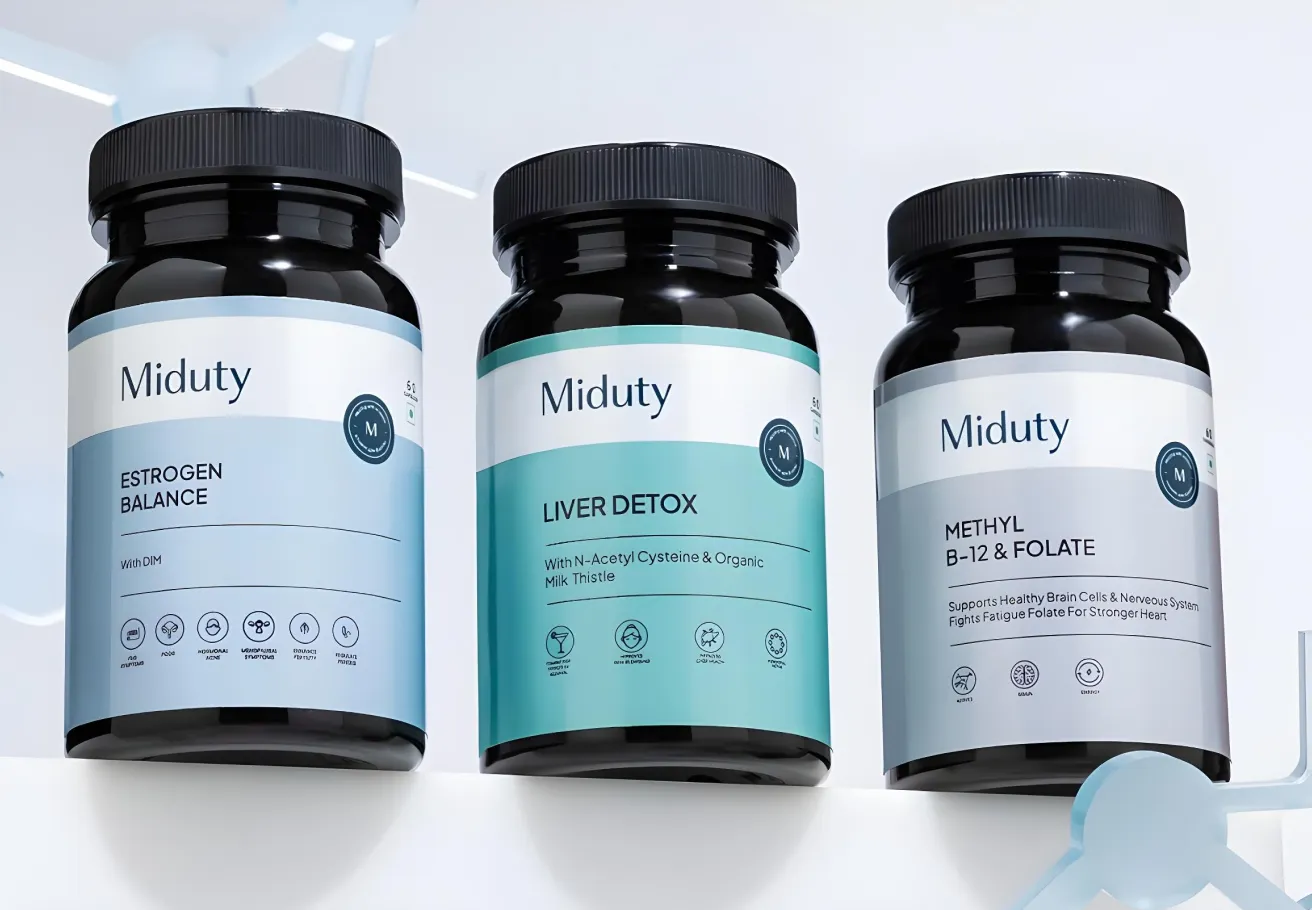 A set of three black-lidded supplement bottles from the Miduty brand, labeled Estrogen Balance, Liver Detox, and Methyl B-12 & Folate, displayed against a sleek, light blue, clinical-style background.