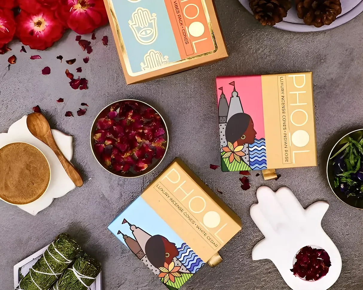 Phool luxury incense logo with traditional Indian  design elements