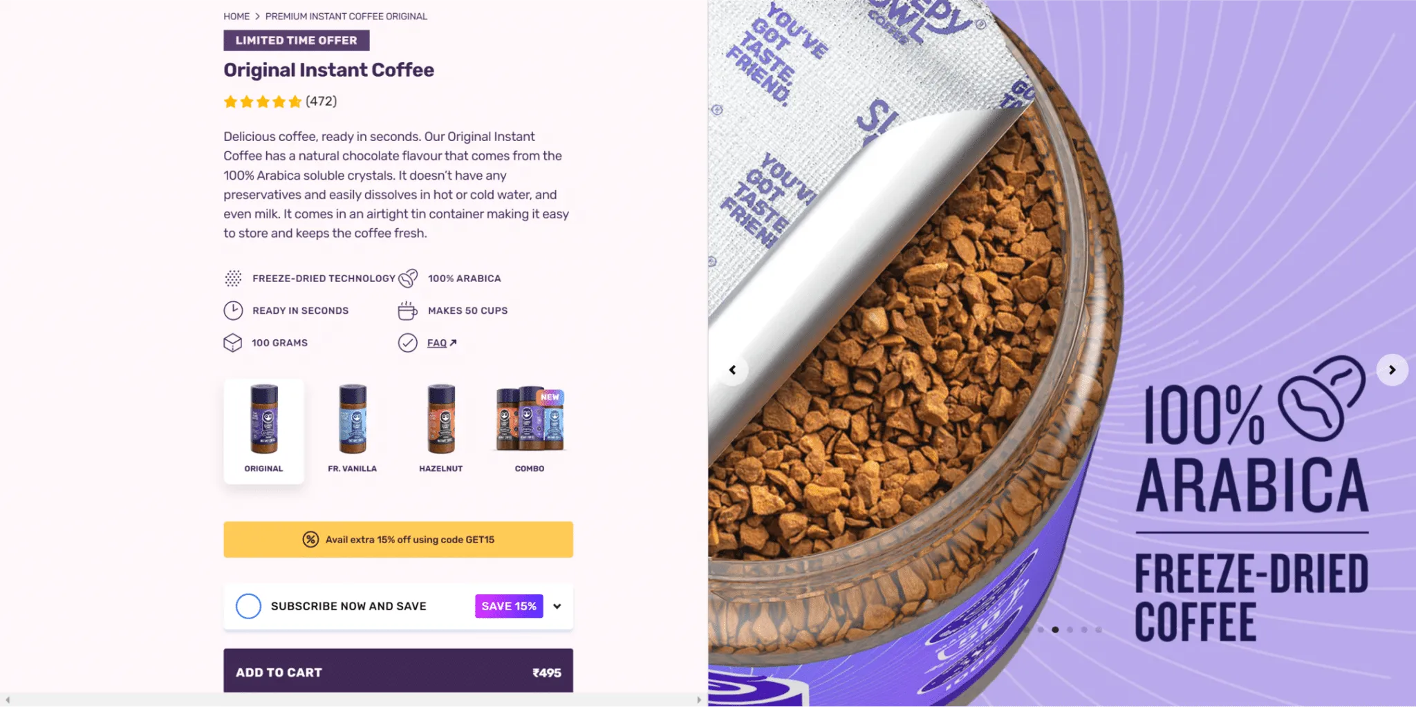 Sleepy Owl product page UX showing subscription options and CTA placement