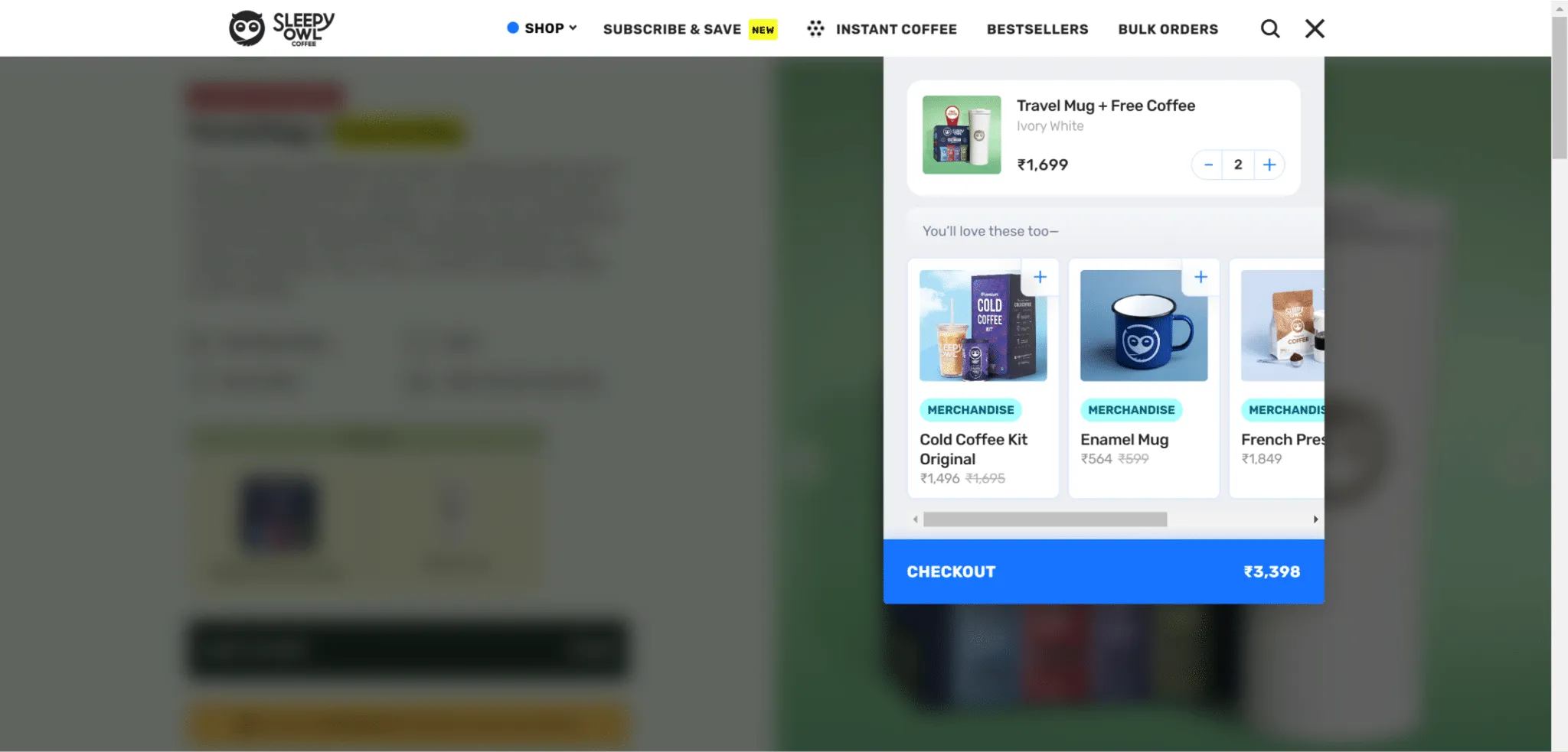 Sleepy Owl e-commerce checkout popup interface showing quick purchase flow