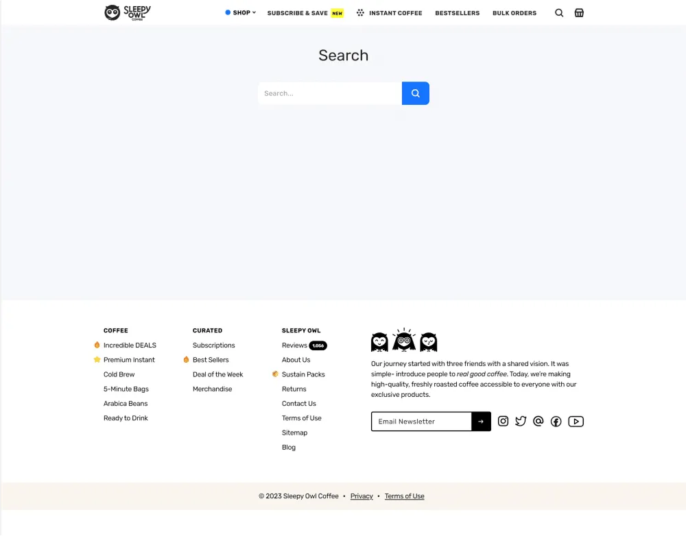 Sleepy Owl website search functionality results page design
