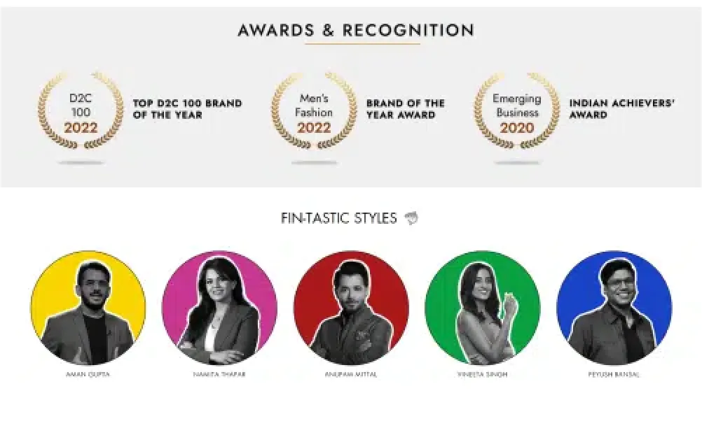 Snitch award section showcase with awards and Shark Tank India investors