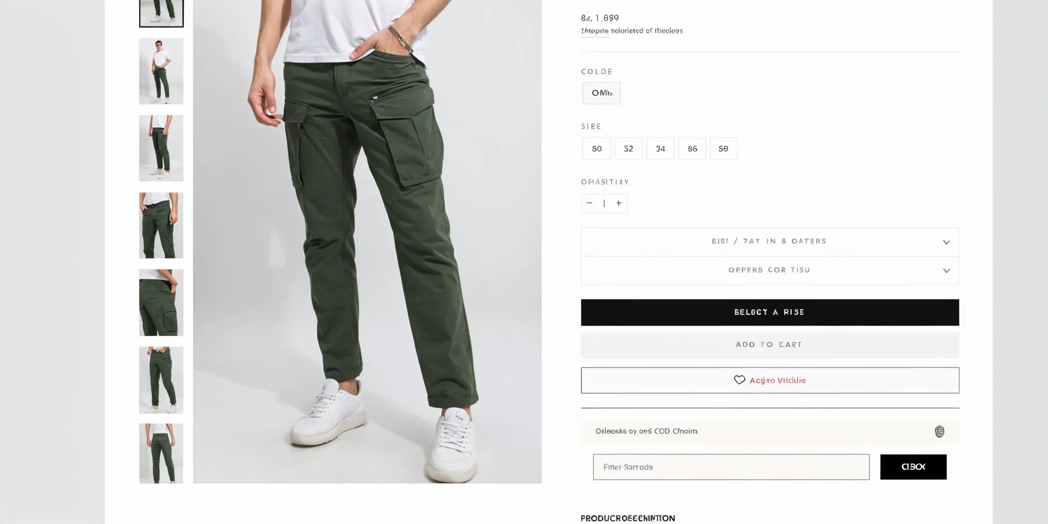 Snitch product page showing multiple product angles and size guide chart