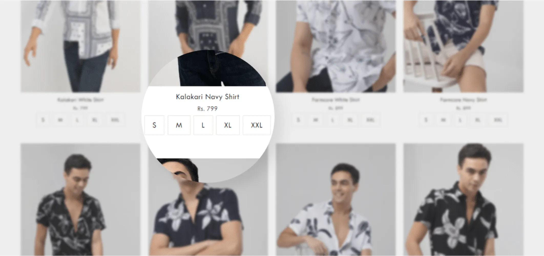 Snitch product displays showing sizes available