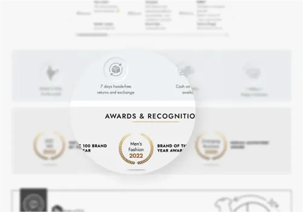 Snitch product detail section using neomorphism design and awards section lacking brand consistency