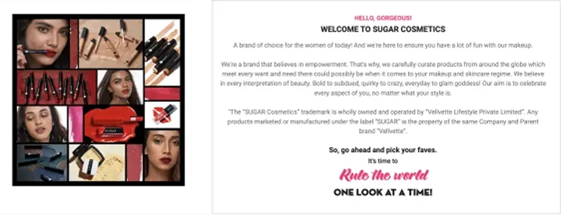 Sugar Cosmetics beauty website homepage featuring range of products with welcome note