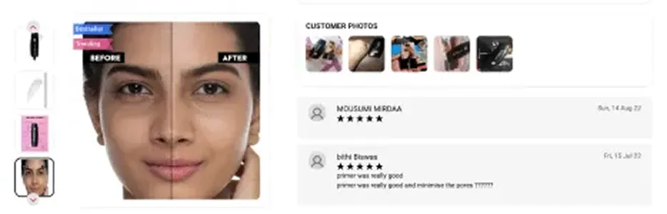 Sugar Cosmetics customer review section showing product feedback and ratings
