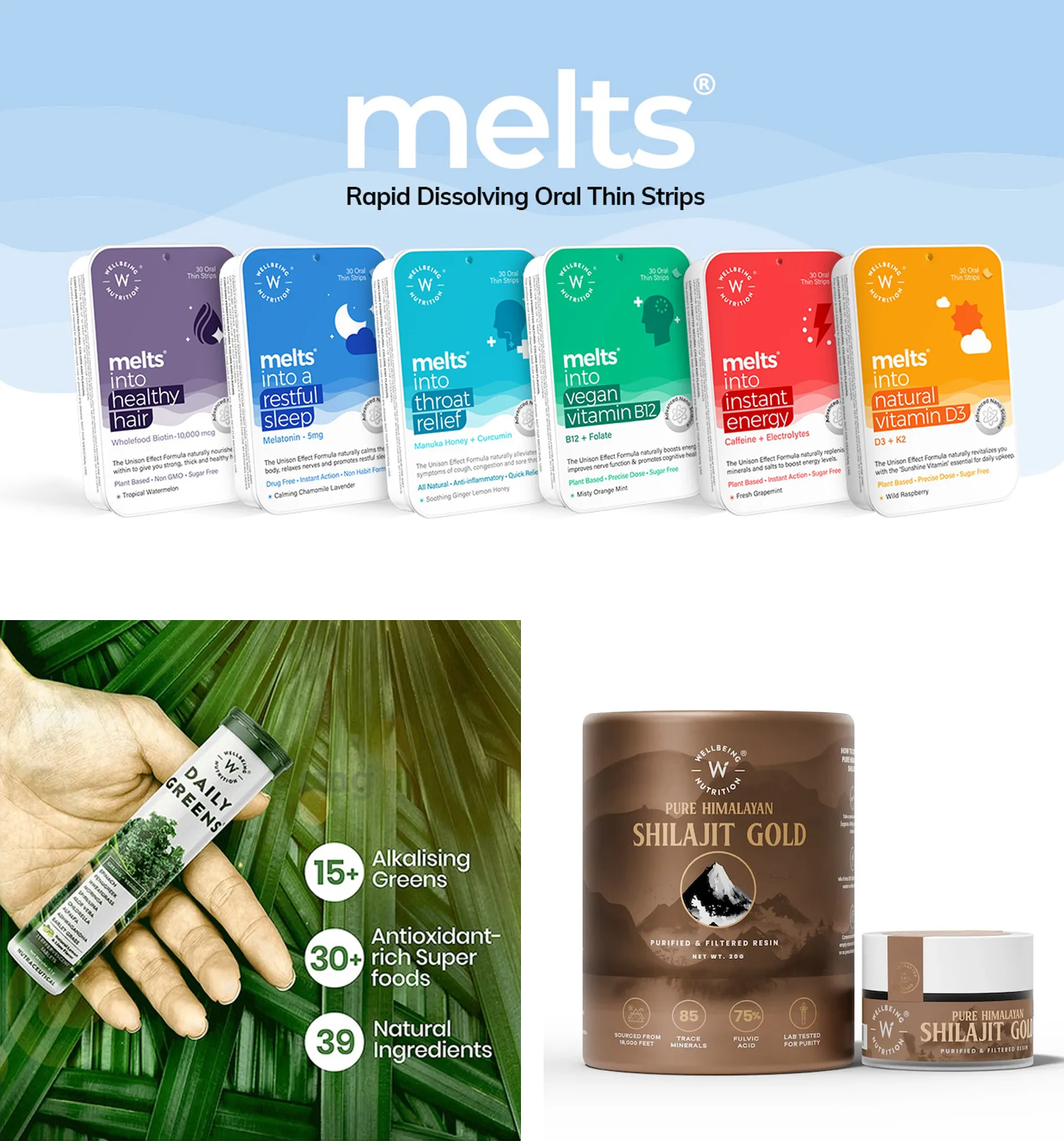 Wellbeing nutrition thin strips range with colour differentiation along with effervescent supplement packaging 