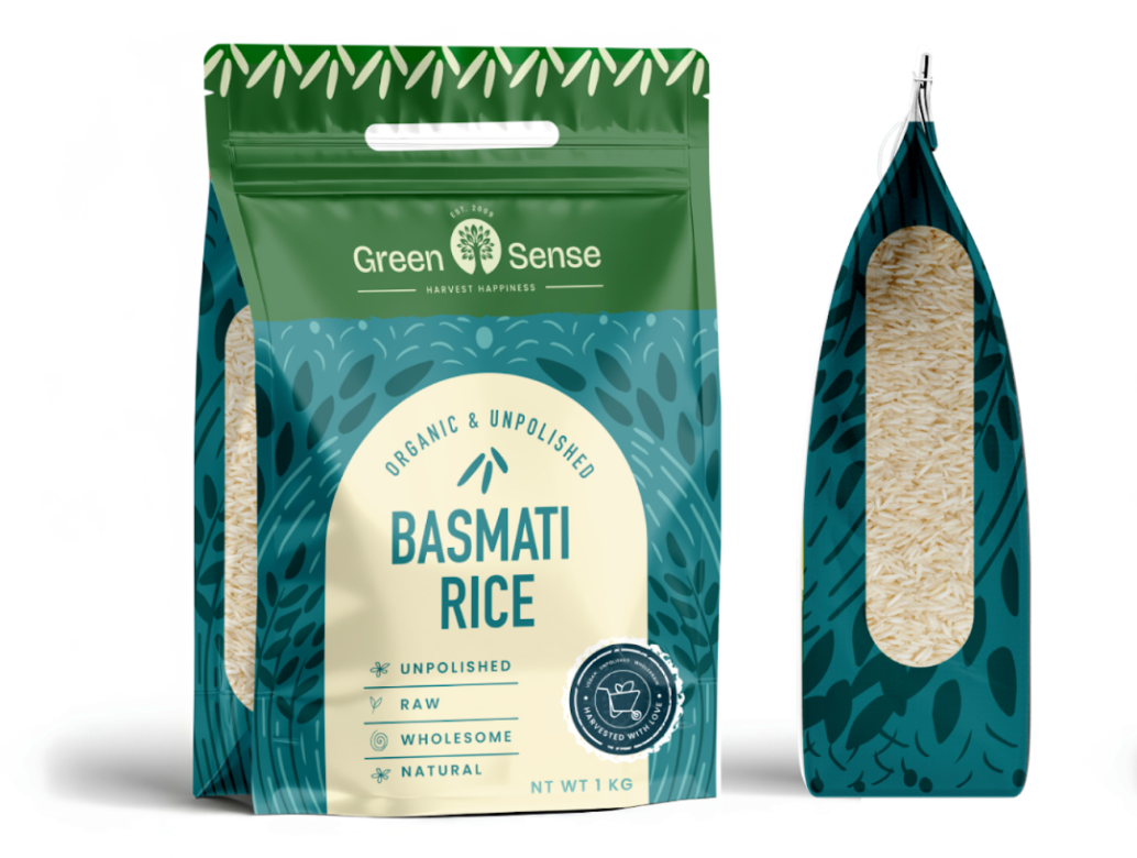 Green Sense Basmati Rice transparent window packaging design by Confetti 